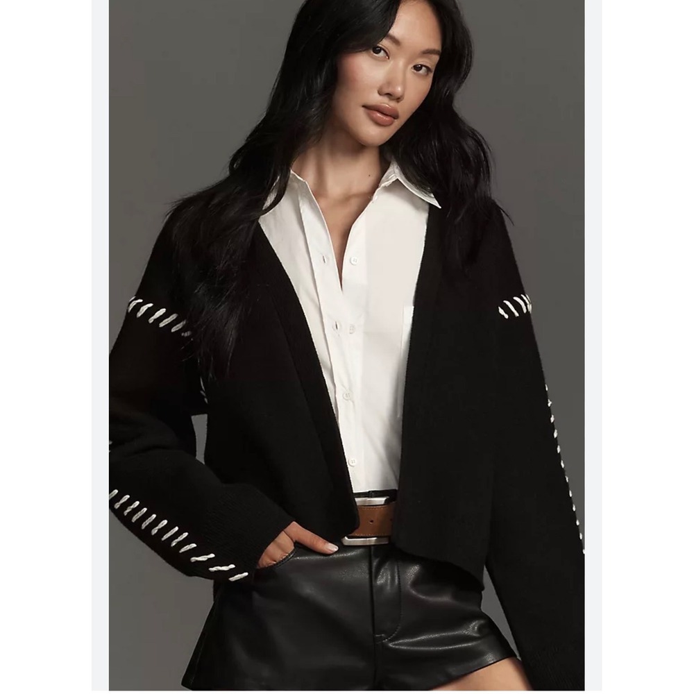 ENGLISH FACTORY Black whipstitch open front Cardigan Cropped V-Neck size L